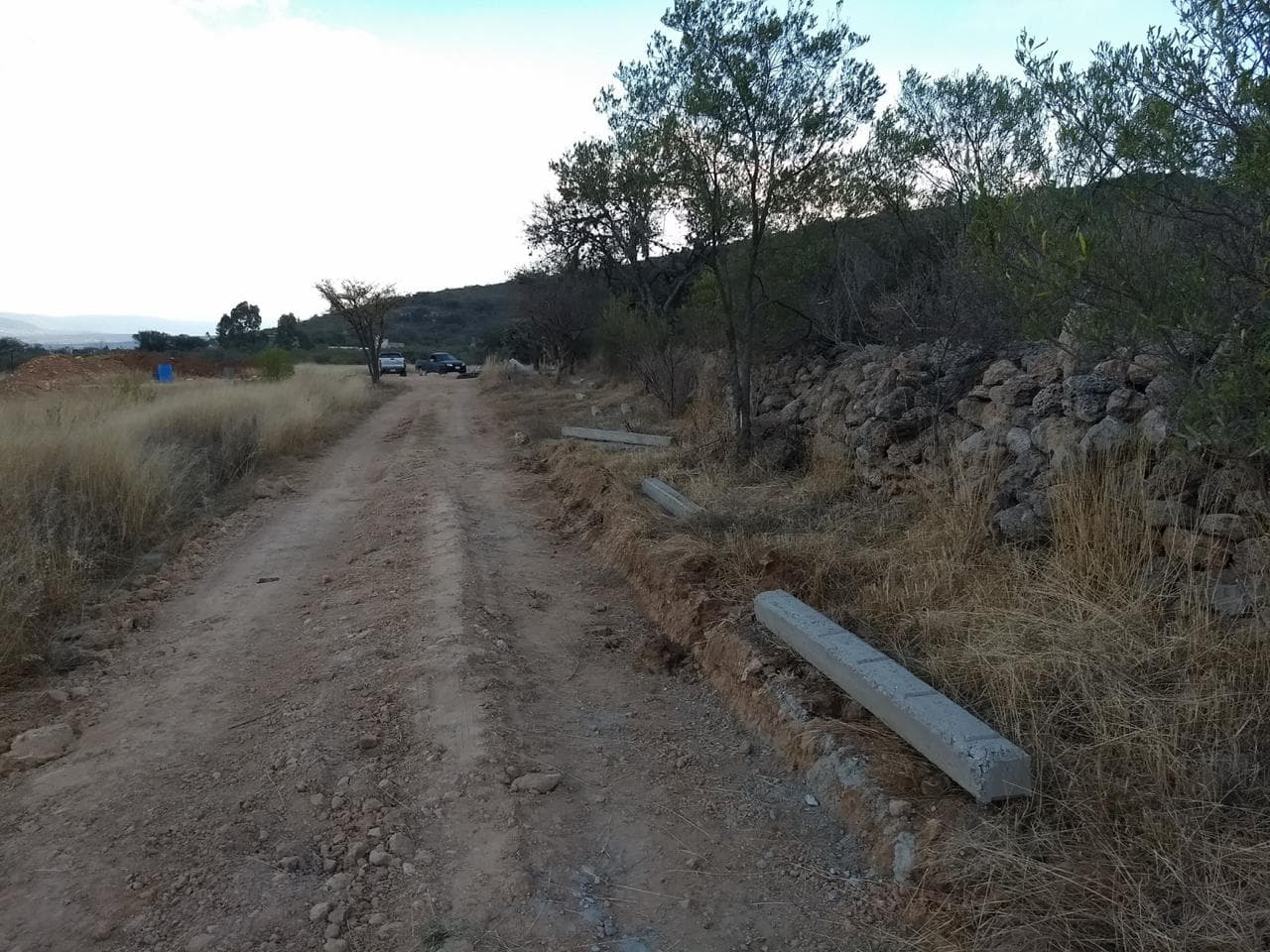 Postes de concreto listos para hincar en tramo de derecho de vía